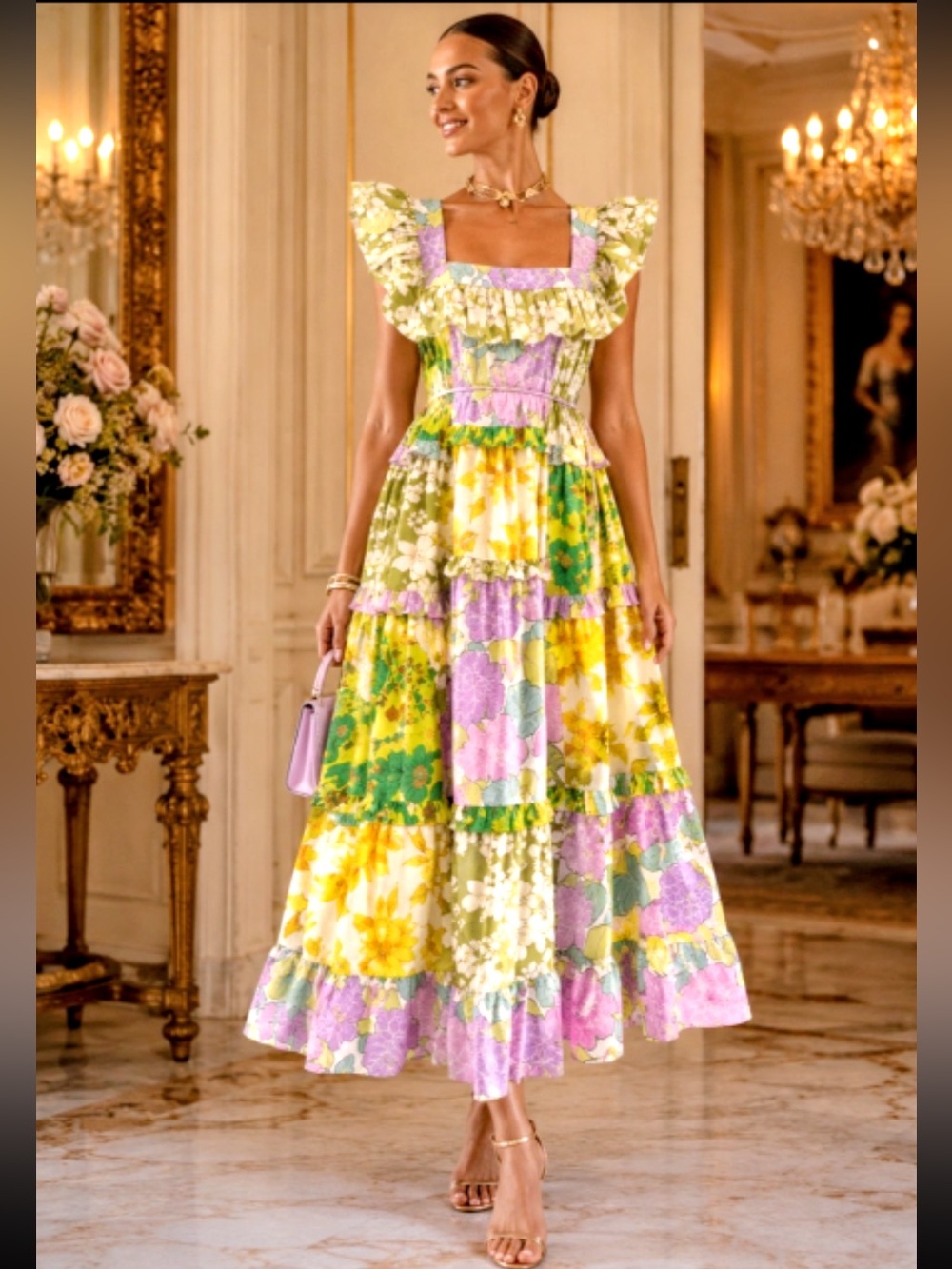 New Dalia Macphee Floral Patchwork Maxi Dress size S color Lime Multi - Picture 7 of 16